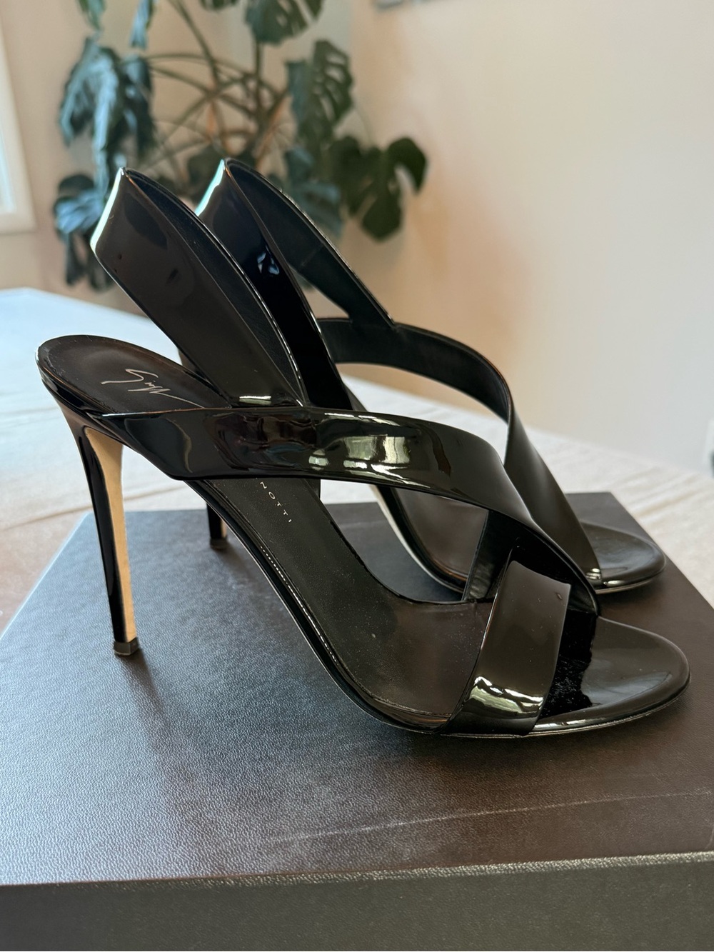 Giuseppe Zanotti Black Patent Crisscross Slingback Heels